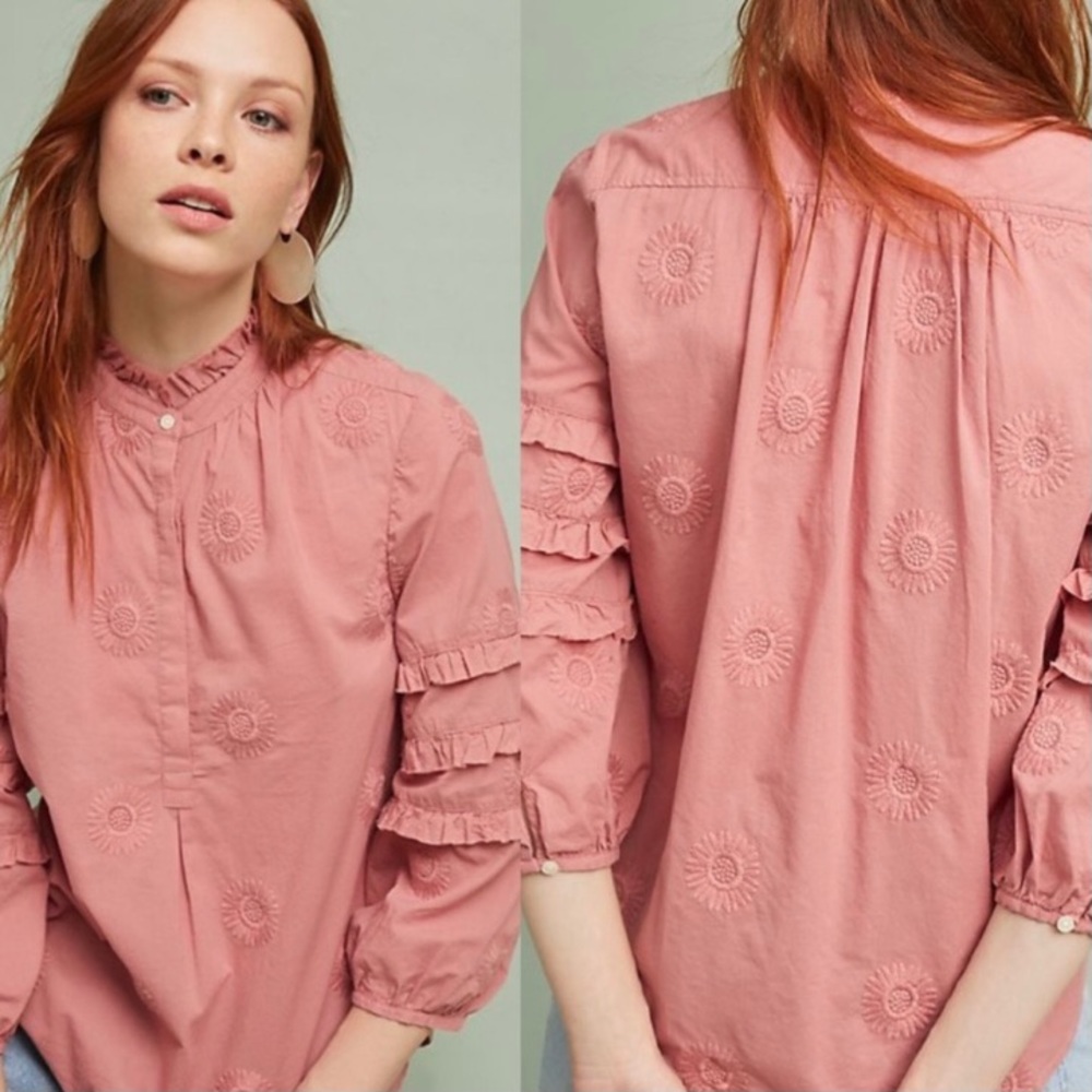 Anthropologie Pink Embroidered Blouse